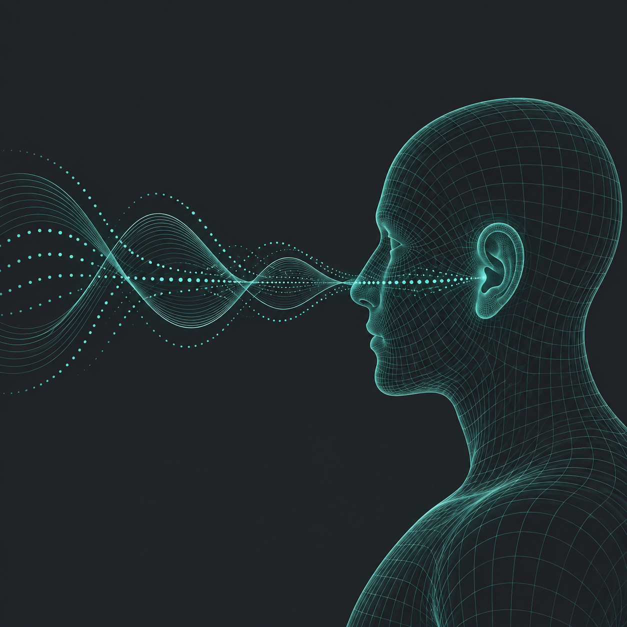 Wireframe head receiving sound waves for personalized spatial listening