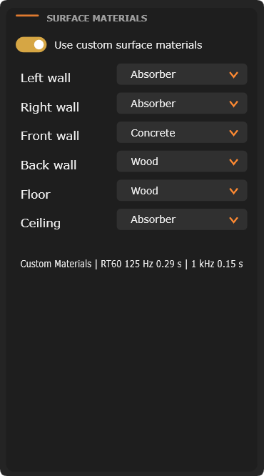 VSS surface material selections for room walls, floor, and ceiling